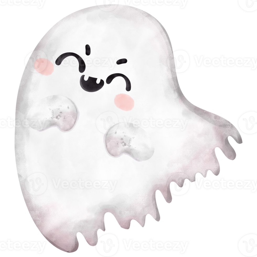 Cute and kawaii happy face halloween ghost cartoon character watercolor hand drawn png