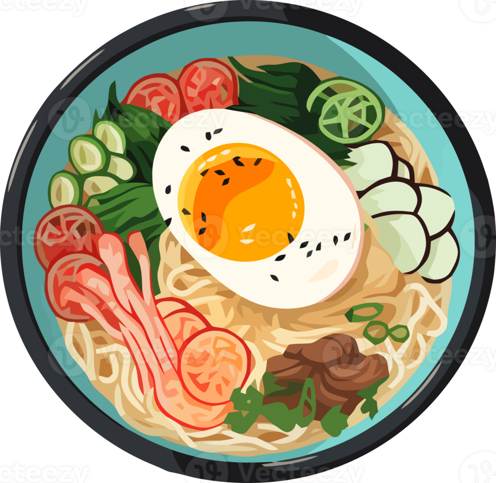 ramen noodle with big egg in bowl cartoon hand drawn illustration png
