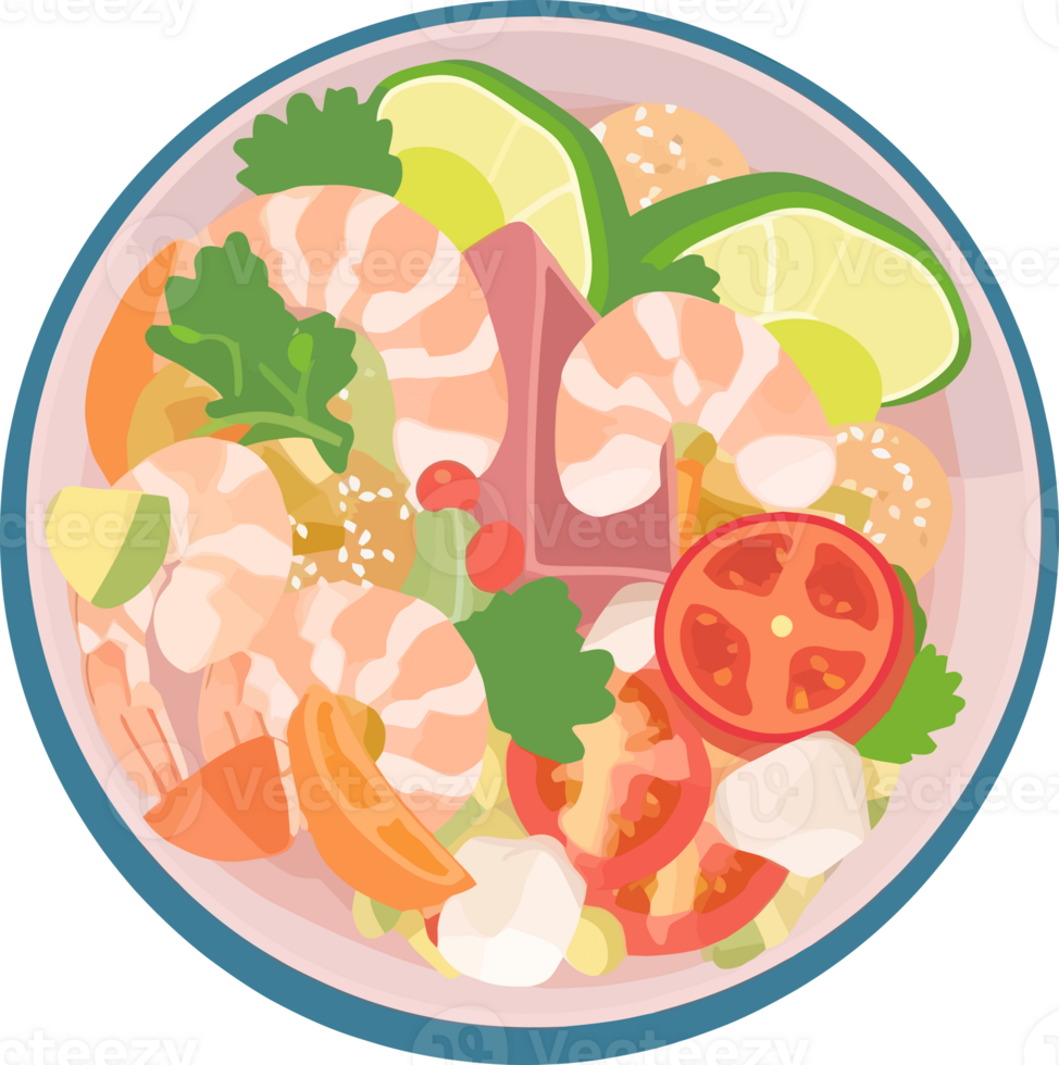 Ceviche of shrimp with vegetables, spices and lime illustration png