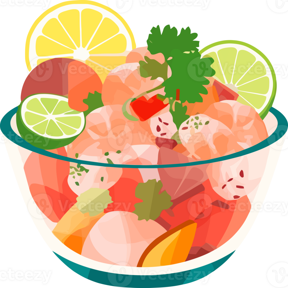 Ceviche of shrimp with vegetables, spices and lime illustration png