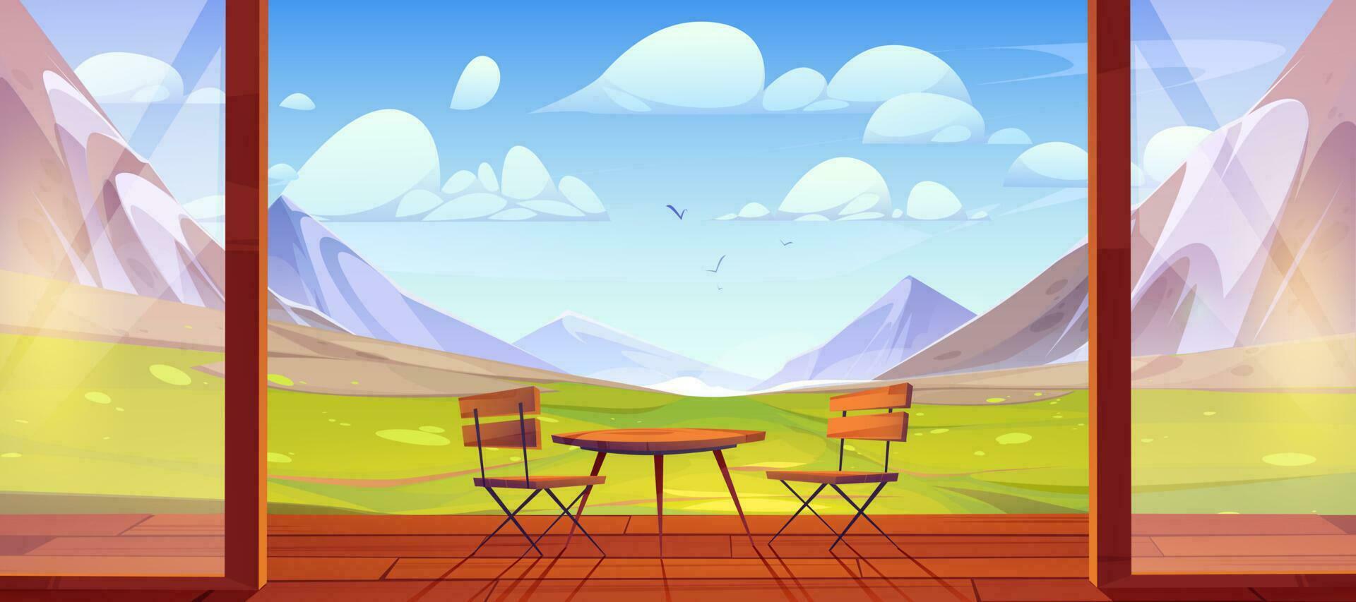 Wooden patio with Alpine mountain view vector
