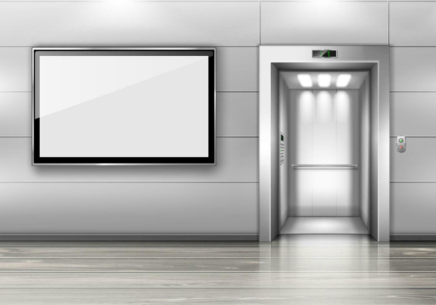 realista ascensor con abierto puerta y televisión pantalla vector