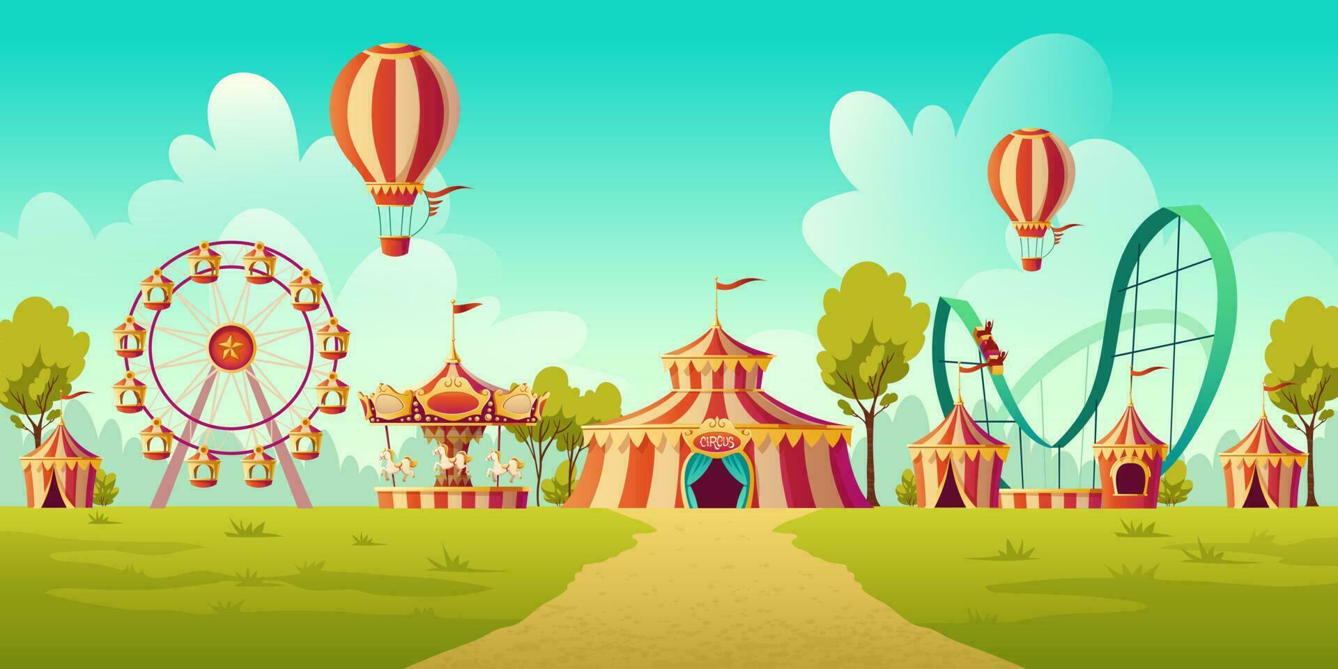 Amusement park with circus tent and carousel vector
