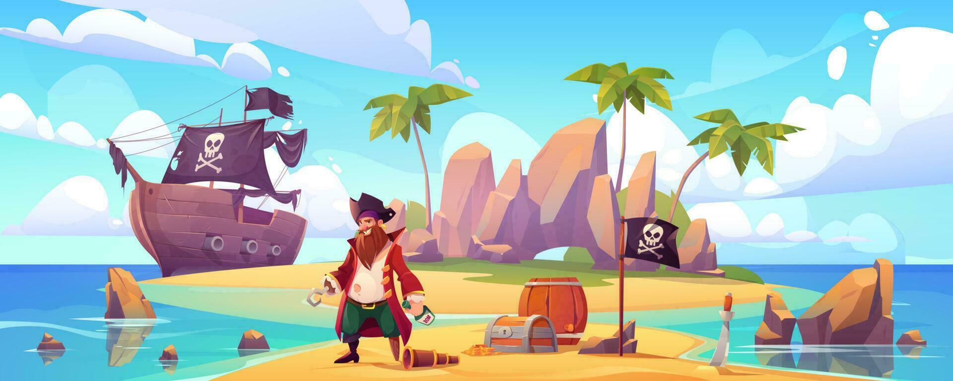Pirate on island with treasure, filibuster captain vector