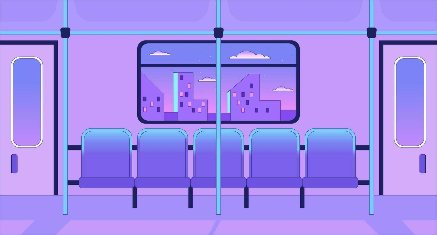 Train interior lo fi chill wallpaper. Metro seats. Subway inside. Rail travel. Rapid transit 2D vector cartoon interior illustration, vaporwave background. 80s retro album art, synthwave aesthetics