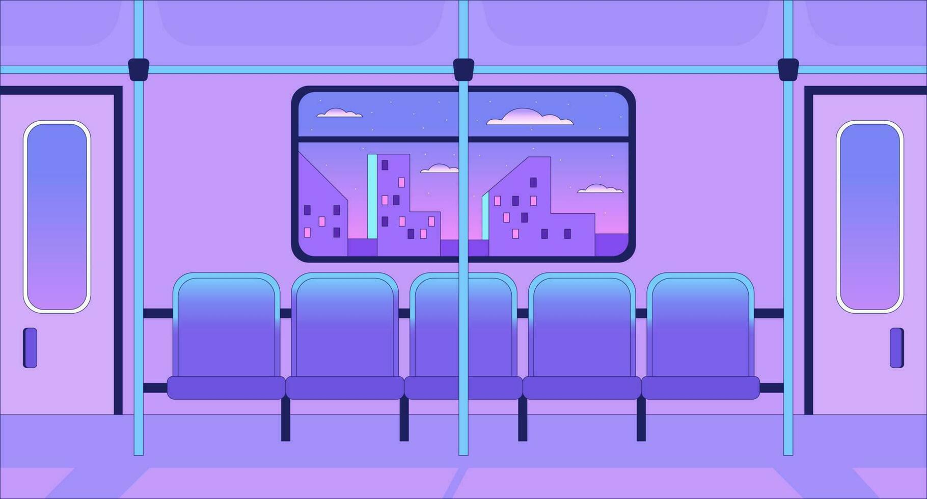 tren interior lo fi frío fondo de pantalla. metro asientos. subterraneo adentro. carril viajar. rápido tránsito 2d vector dibujos animados interior ilustración, onda de vapor antecedentes. Años 80 retro álbum arte, sintetizador estética