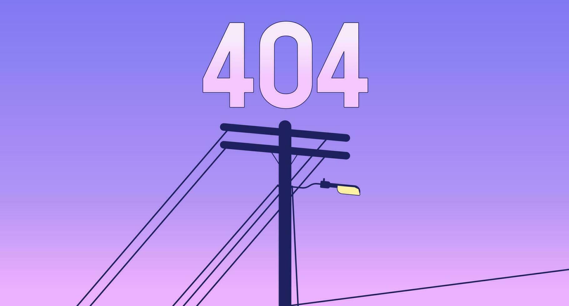 Telephone pole sunset error 404 flash message. City street sunset. Empty state ui design, lofi background. Page not found cartoon image. Vector flat illustration concept, synthwave aesthetics