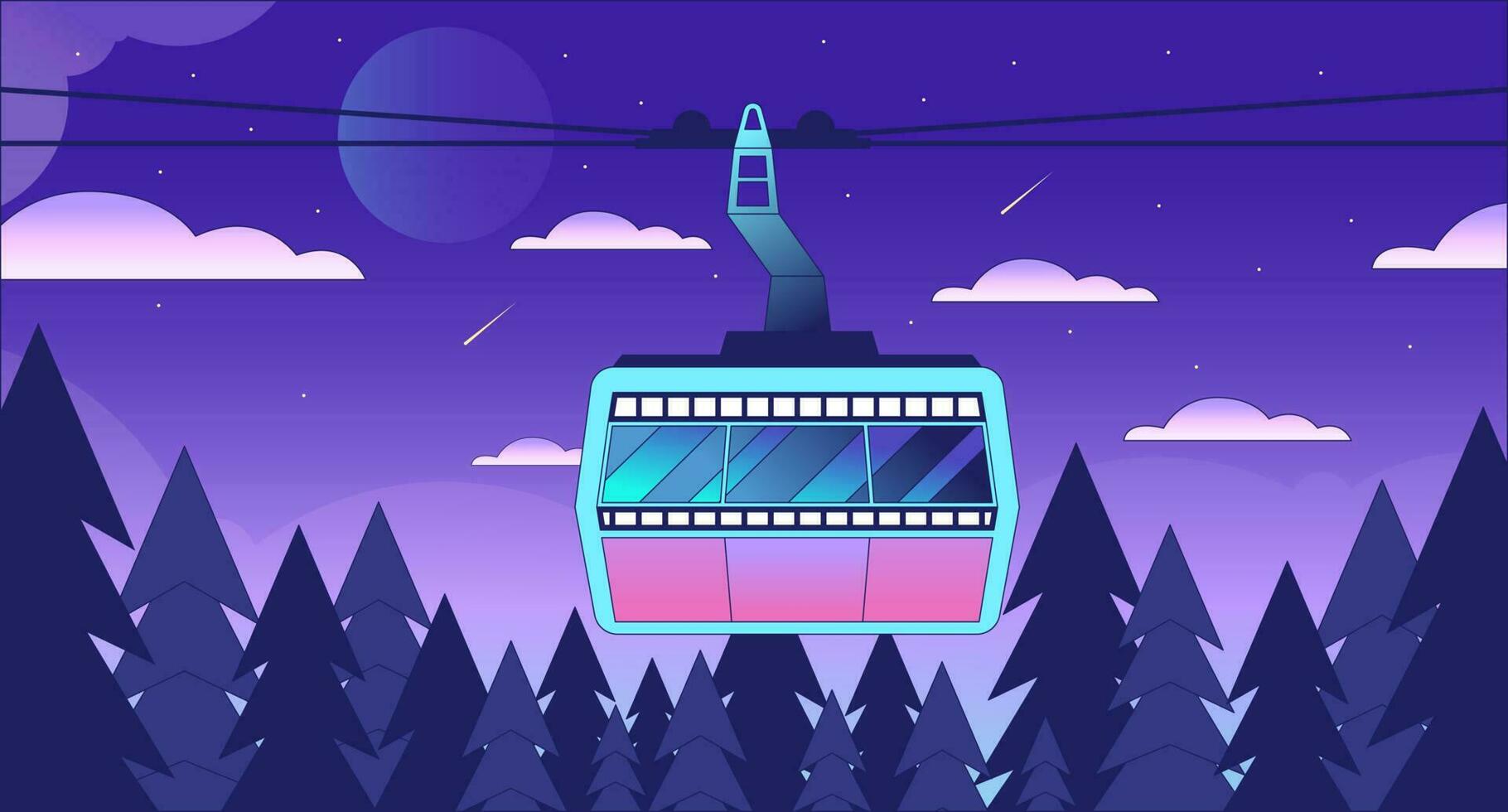 Gondola lift in summer forest night lo fi chill wallpaper. Aerial cableway with shooting stars 2D vector cartoon landscape illustration, vaporwave background. 80s retro album art, synthwave aesthetics