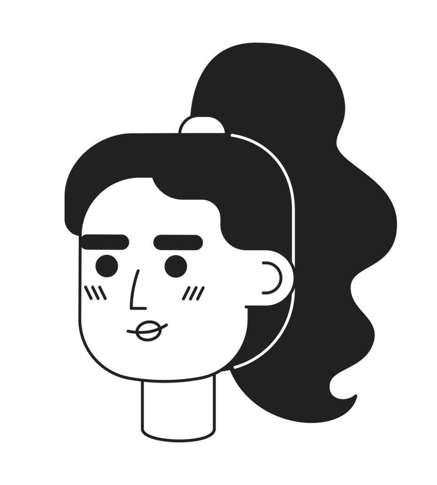 Young adult brunette hispanic woman with wavy ponytail monochrome flat linear character head. Editable outline hand drawn human face icon. 2D cartoon spot vector avatar illustration for animation