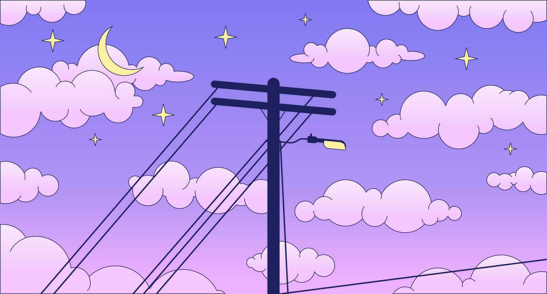 teléfono polo en soñador noche cielo lo fi frío fondo de pantalla. eléctrico cables en noche cielo 2d vector dibujos animados paisaje ilustración, onda de vapor antecedentes. Años 80 retro álbum arte, sintetizador estética