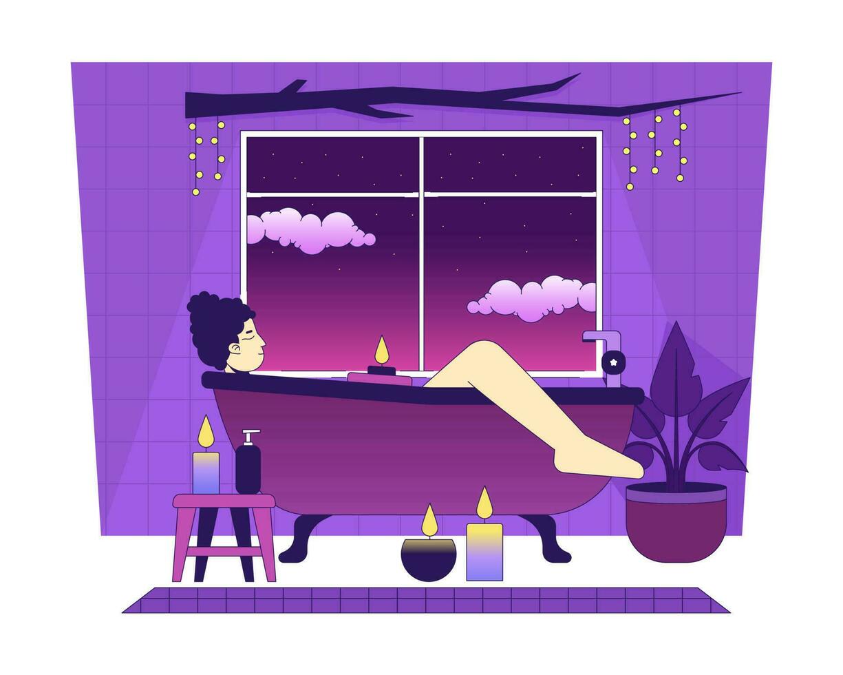 Taking bath with candle lights isolated chill lo fi image. Woman relaxing in bathtub 2D vector cartoon character illustration, vaporwave background. 80s retro album art, synthwave aesthetics