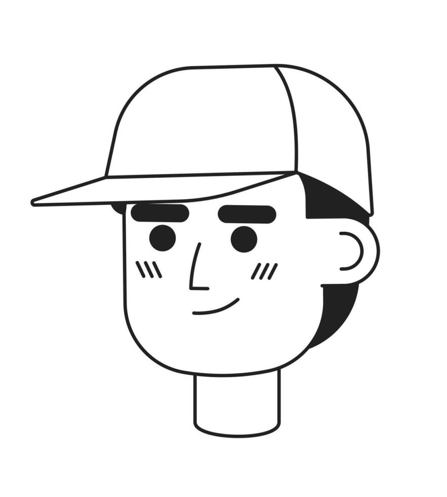 confidente sonriente entrenador hombre vistiendo béisbol gorra monocromo plano lineal personaje cabeza. mensajero. editable contorno mano dibujado humano cara icono. 2d dibujos animados Mancha vector avatar ilustración para animación