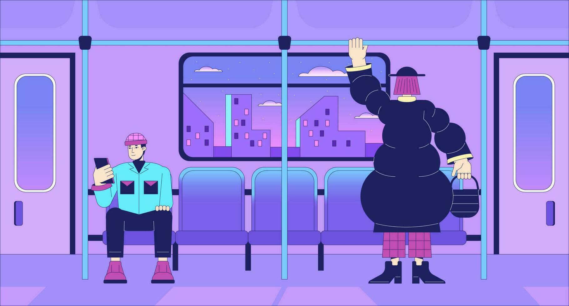 viajero diario al trabajo tren lo fi frío fondo de pantalla. público transporte. carril viajar. tren personas de viaje 2d vector dibujos animados caracteres ilustración, onda de vapor antecedentes. Años 80 retro álbum arte, sintetizador estética