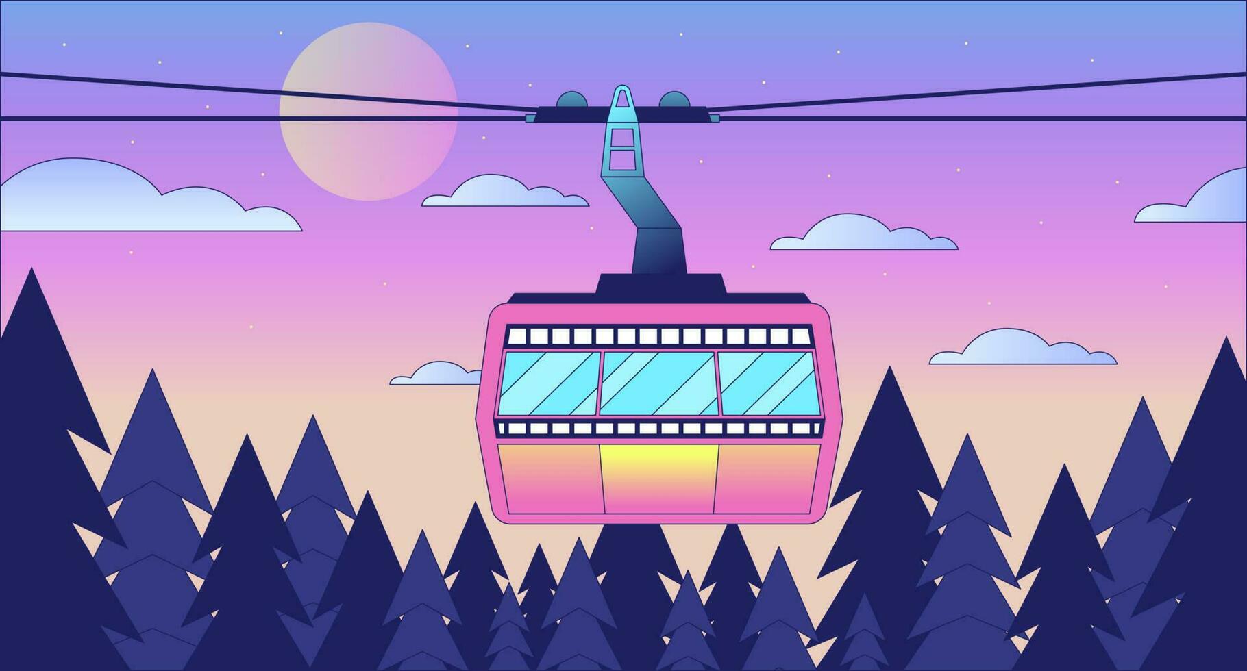 Cabin ropeway above sunset forest skyline lo fi chill wallpaper. Cableway in sunrise woods 2D vector cartoon landscape illustration, vaporwave background. 80s retro album art, synthwave aesthetics