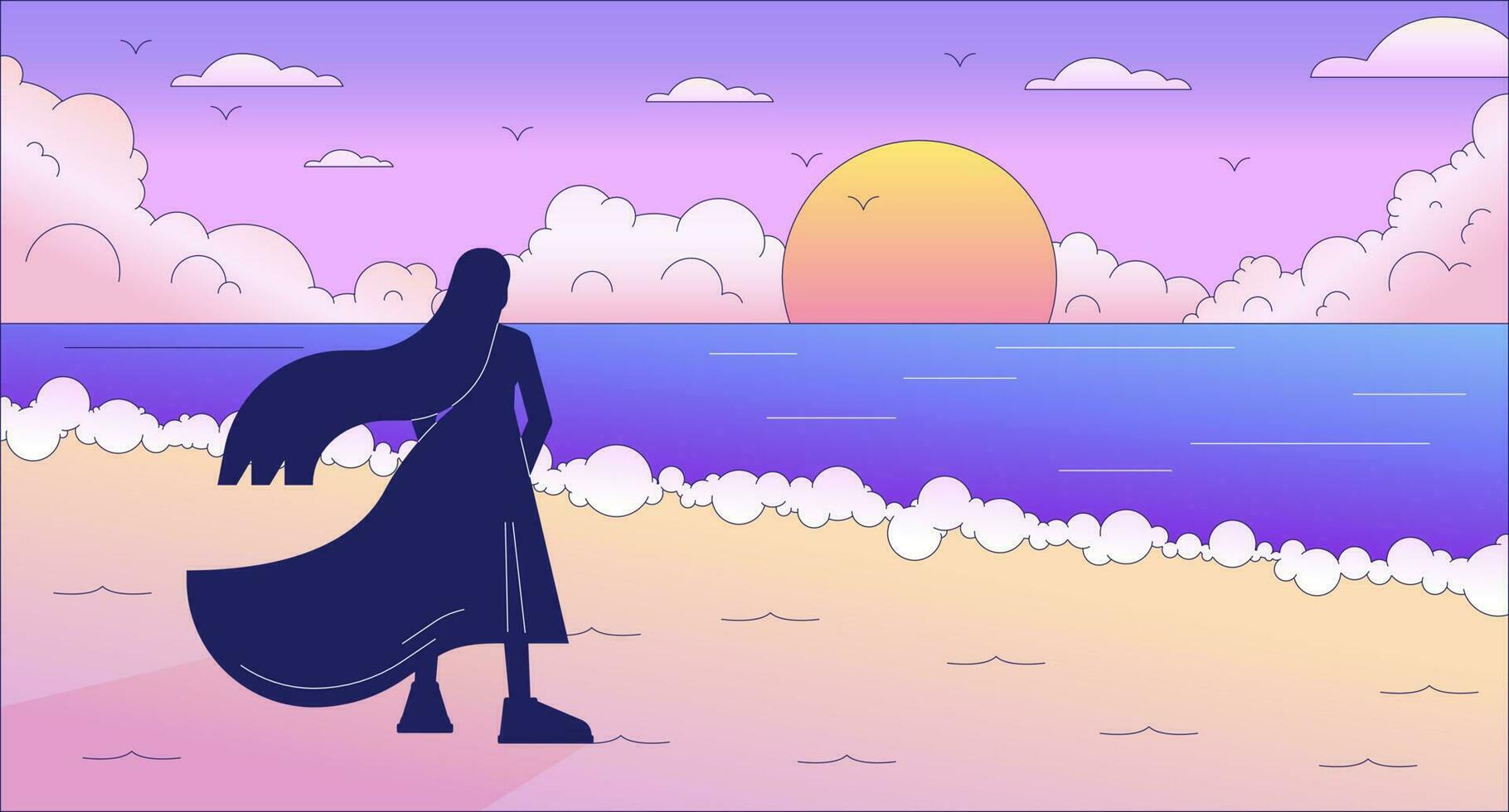 triste mujer en playa disfrutando puesta de sol lo fi frío fondo de pantalla. solitario niña acecho mar olas 2d vector dibujos animados personaje ilustración, onda de vapor antecedentes. Años 80 retro álbum arte, sintetizador estética