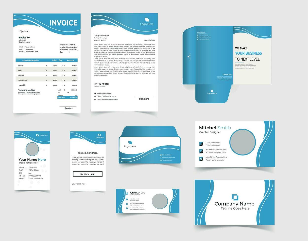 corporate Branding identity template design. Modern Stationery mockup for a shop with a modern blue structure. Business style stationery and documentation. vector
