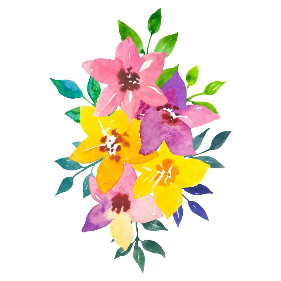 Watercolor bright flowers, green leaves. Bright bouquet. vector