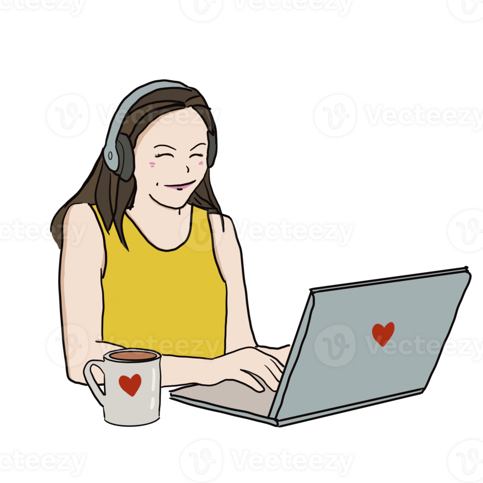 happy woman sitting with computer laptop and a cup of coffee with read heart shape label, smiling and looking at computer screen. Drawing illustration . png