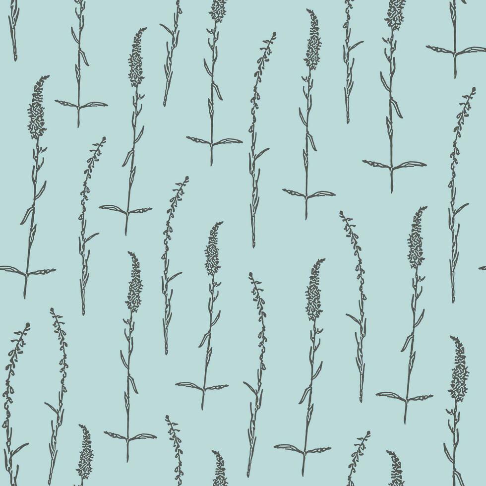 Botanical sketch with grass on blue background seamless pattern. Wild field elements vector
