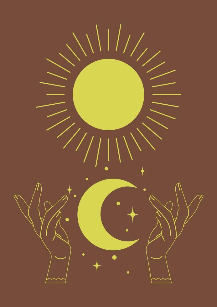 Retro sun and moon with hands print illustration. Tarot card minimalist vector art. Aesthetic sunlight and midnight print bohemian artwork, vector