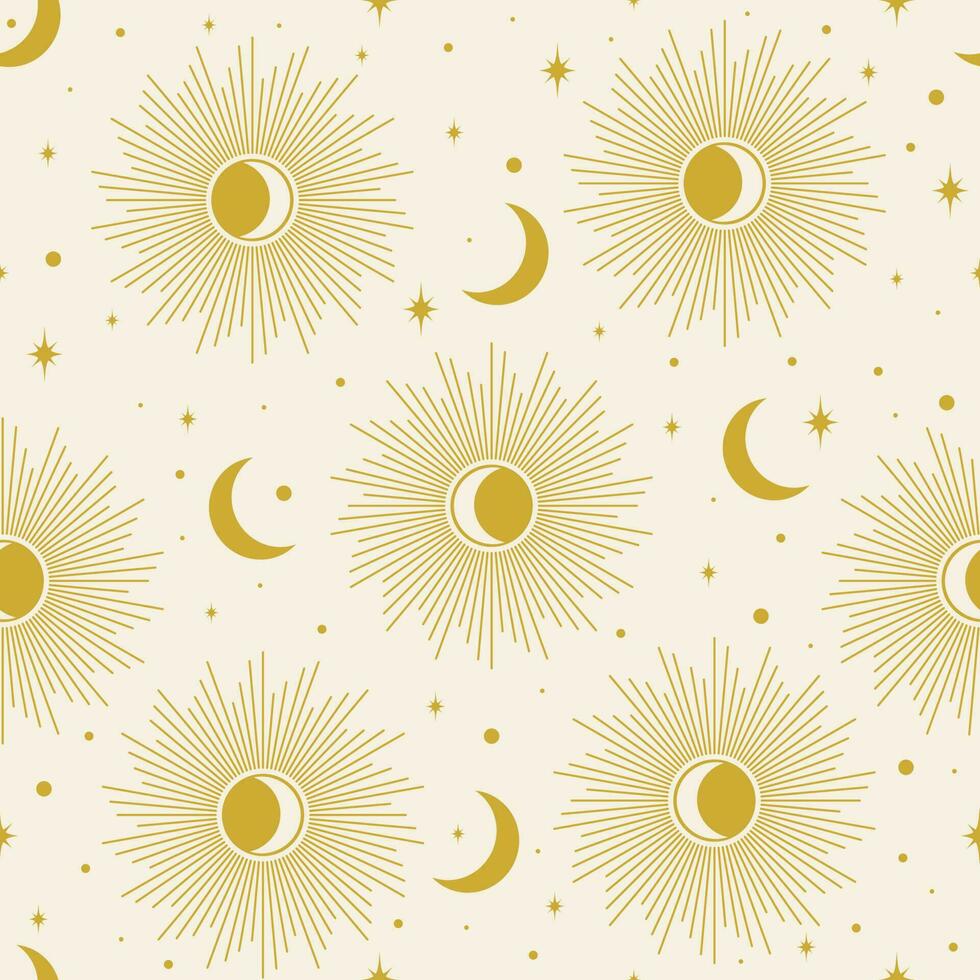 Aesthetic illustrations seamless pattern with celestial moon phases. Sun rays and stars vector