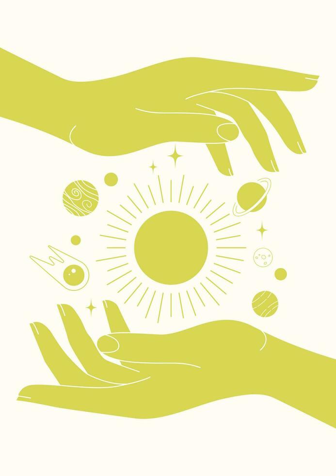 universo celestial elementos en manos impresión ilustración. tarot tarjeta vector