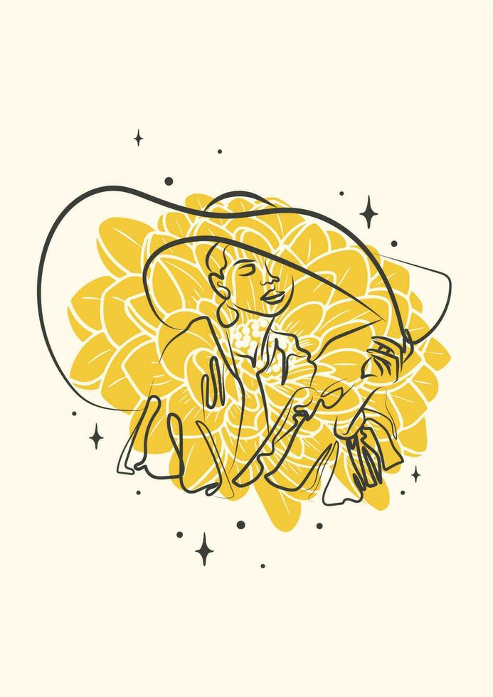 Young woman in hat with flower linear drawing illustration. Summer lady vector
