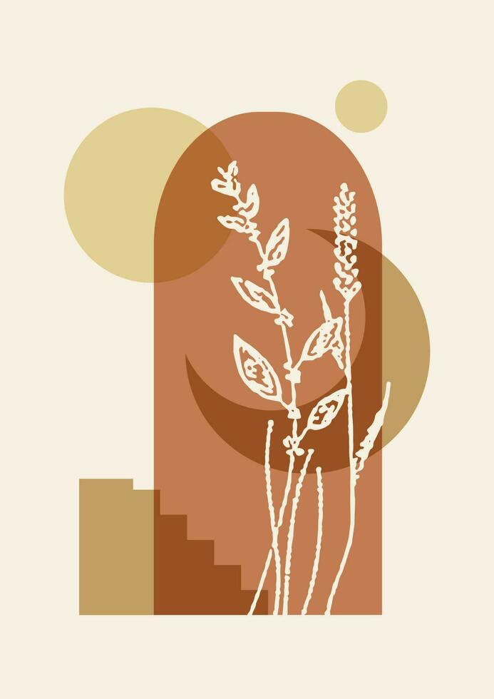 Meadow grass in arch and abstract elements illustration poster. Neutral boho art vector