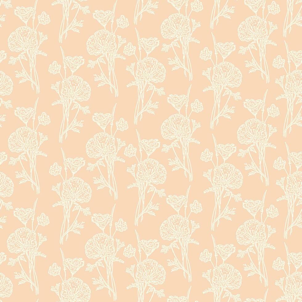 Seamless floral pattern with beige ink flowers isolated on pink. Doodle poppy sketch vector