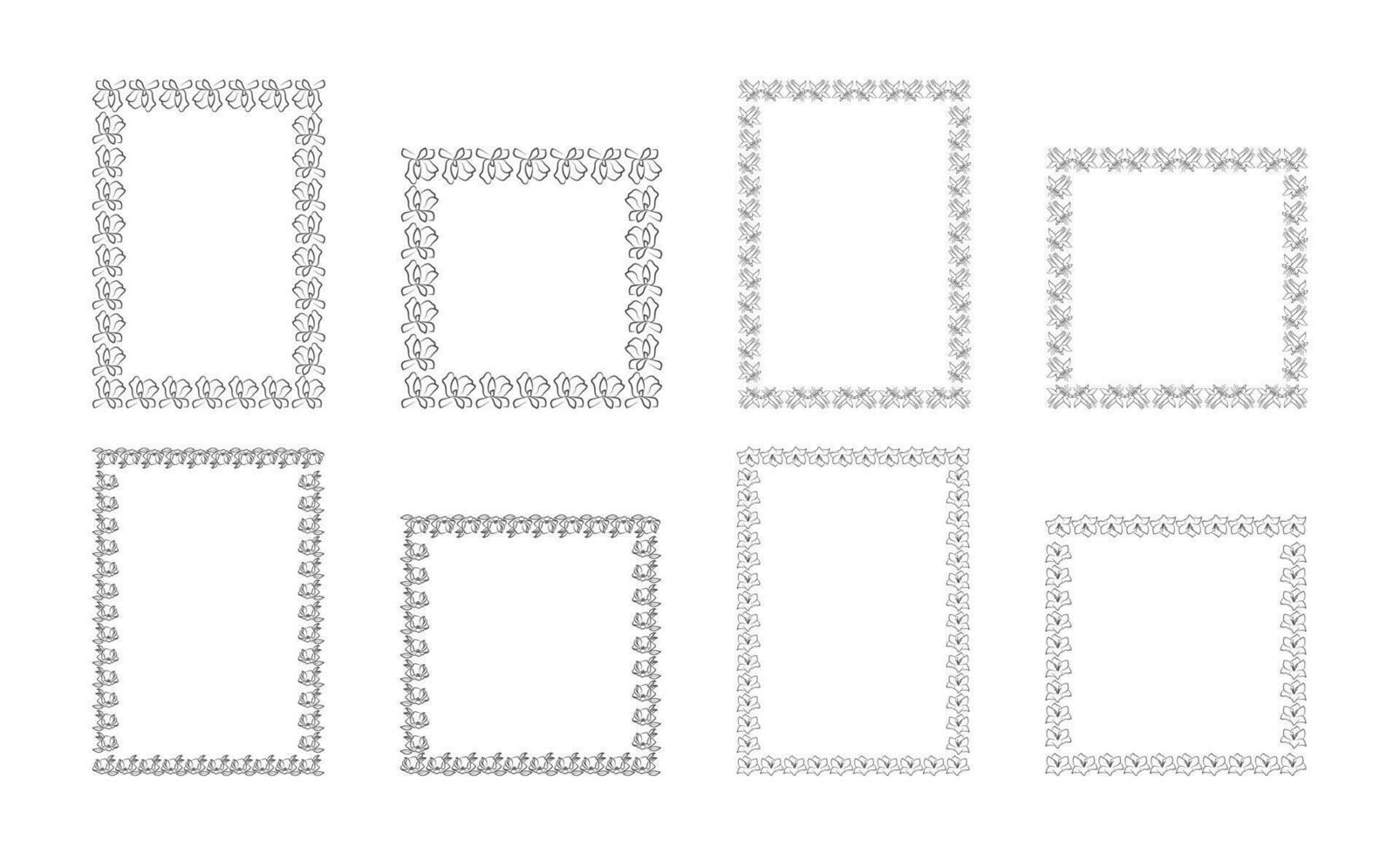 Retro elegant borders and filigree floral ornaments. Isolated vector illustration set. Template of decorative vintage frames, a4 and square size