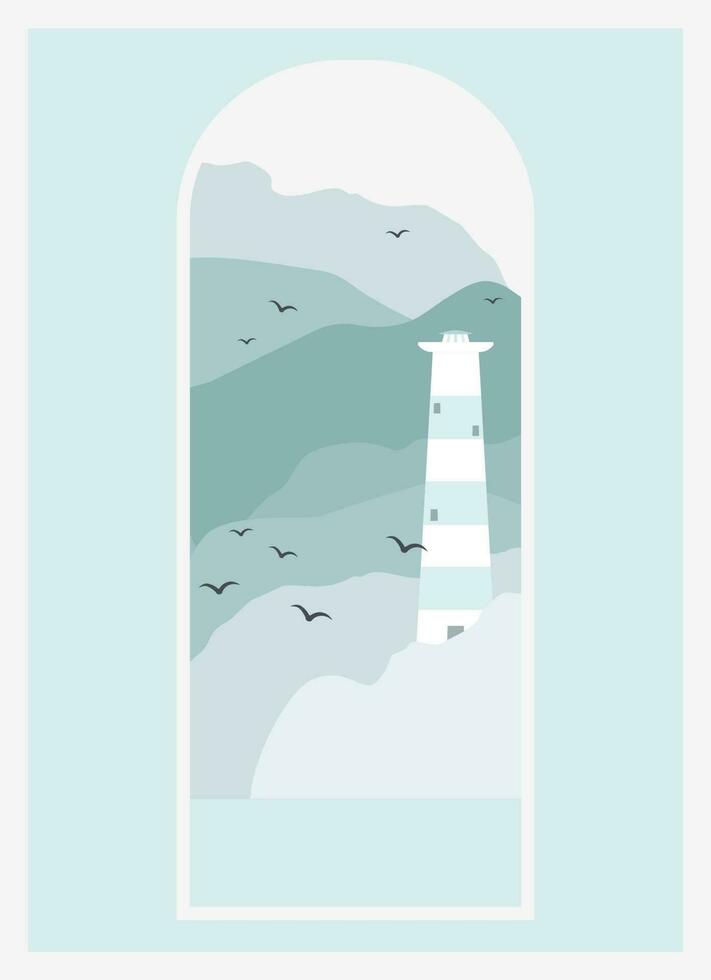 Nordic landscape with lighthouse and mountains view poster. Nature sceneries, seasonal cartoon illustration. Panoramic blue background vector