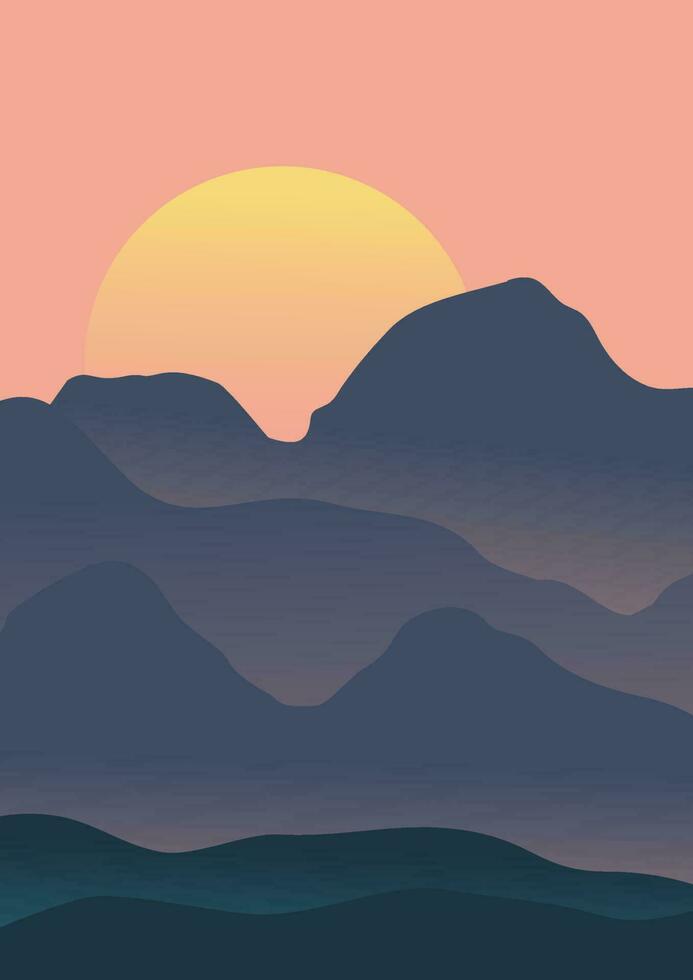 Abstract minimal mountain landscape poster. Modern boho background with sun and mountains, gradient wall decor. Vector a4 art print