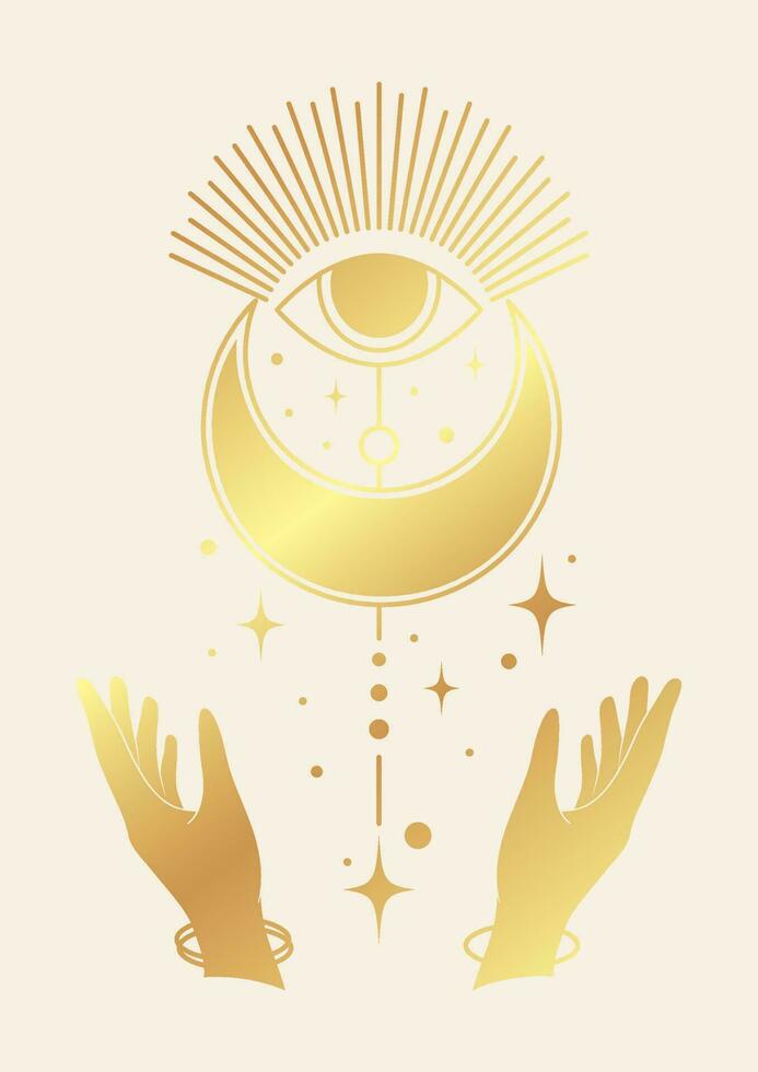 Hands holding mystic eye and heavenly elements wall art. Tarot card minimalist vector illustration. Aesthetic sunlight and midnight print bohemian artwork, vector