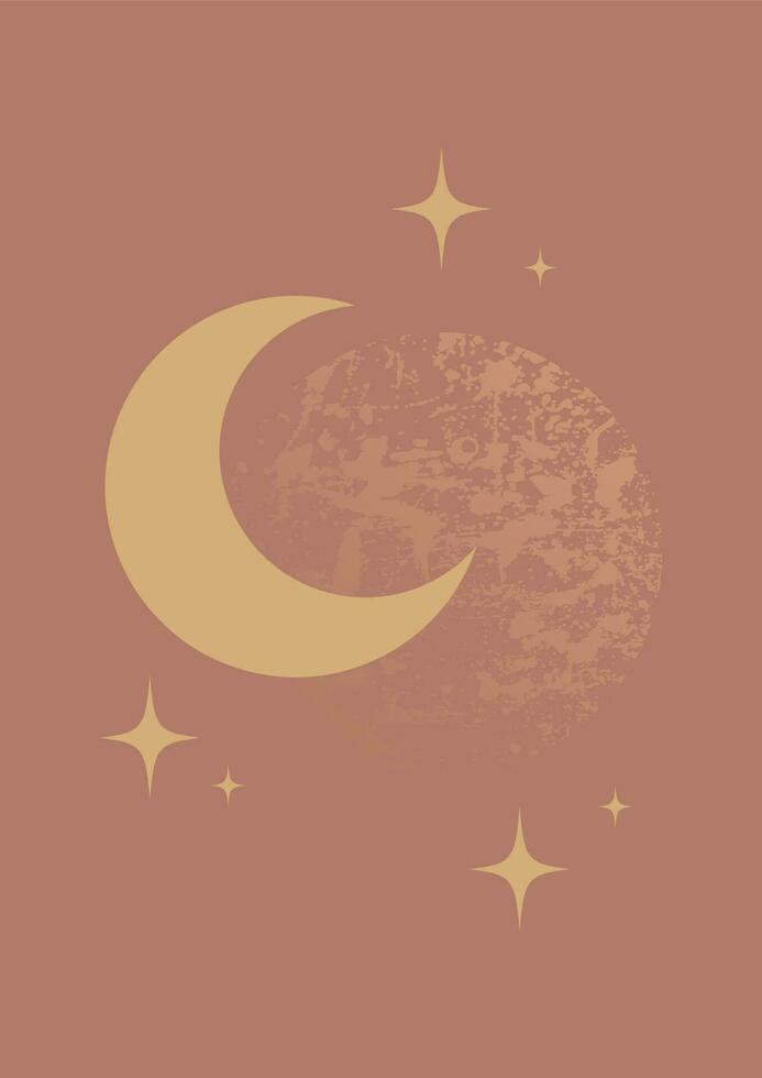 Mystical drawing of moon and stars brown poster. Half moon vector