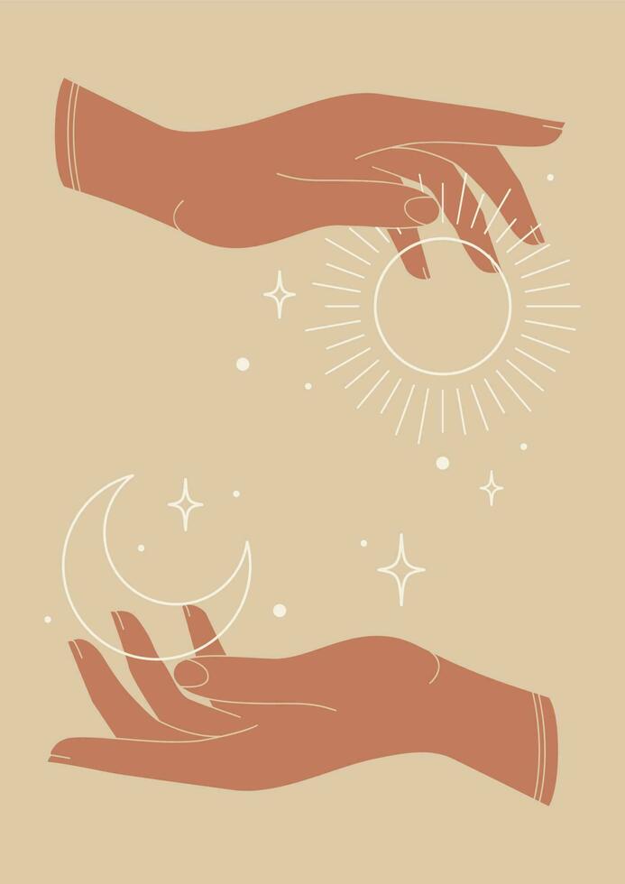 Mystical drawing of sun and moon in hands poster. Design for tarot card vector