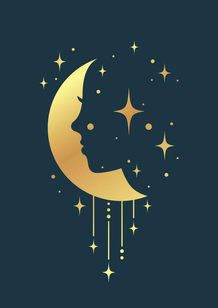 Profile of woman with moon golden drawing poster. Full moon celestial card vector