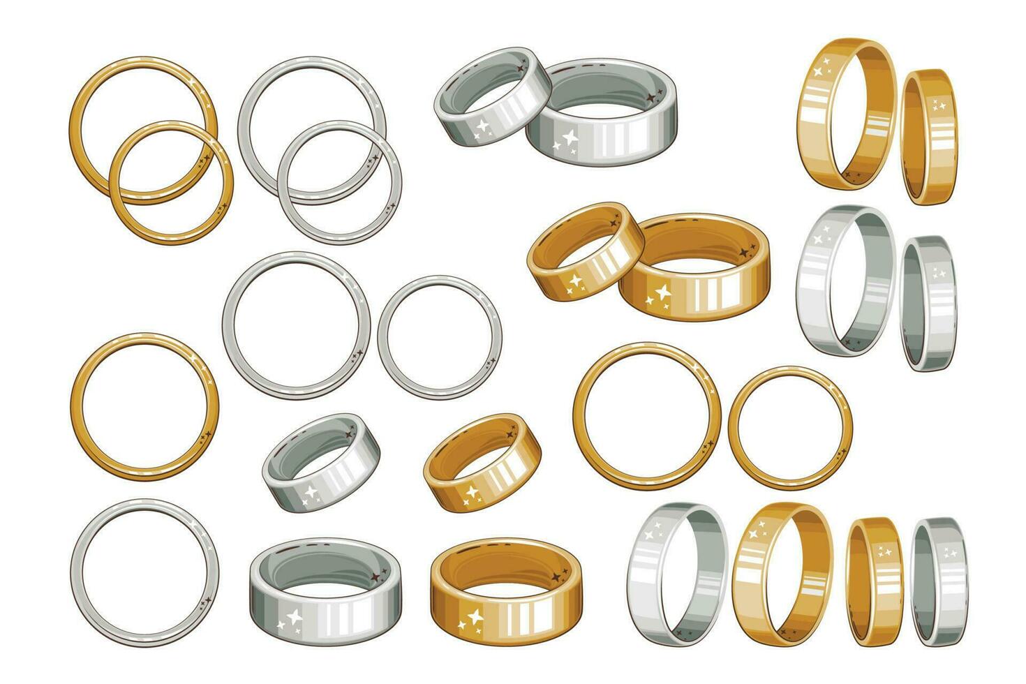 Wedding Ring Illustration, Gold and silver Engagement rings collection, wedding ring set vector