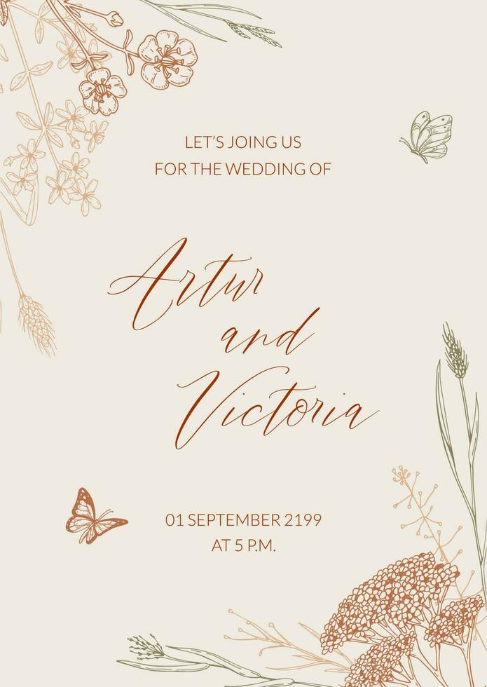 Wedding invitation with hand drawn summer herbs. Vertical wildflowers design. Vector illustration in sketch style. Meadow flowers aesthetic background