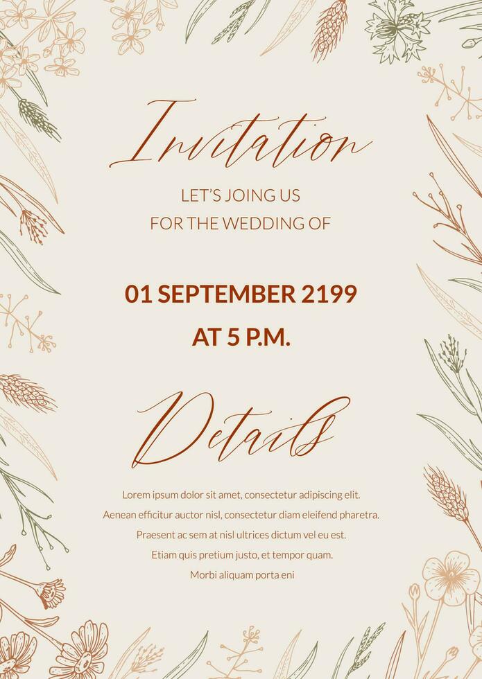Wedding invitation with hand drawn summer herbs. Vertical wildflowers design. Vector illustration in sketch style. Meadow flowers aesthetic background