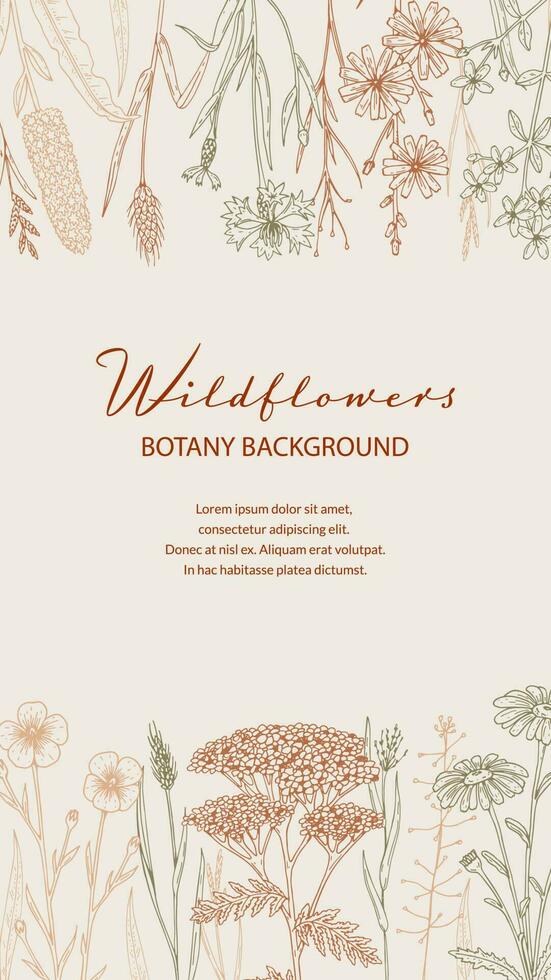 Summer vertical design with wildflowers. Hand drawn vector illustration in sketch style. Social media stories template. Meadow flowers poster. Wedding invitation