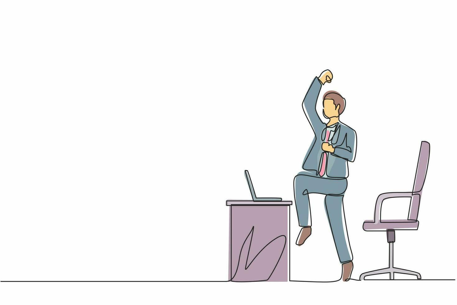 Single one line drawing happy businessman jumping and dancing on the his workplace. Male manager celebrating success of increasing company's product sales. Continuous line draw design graphic vector