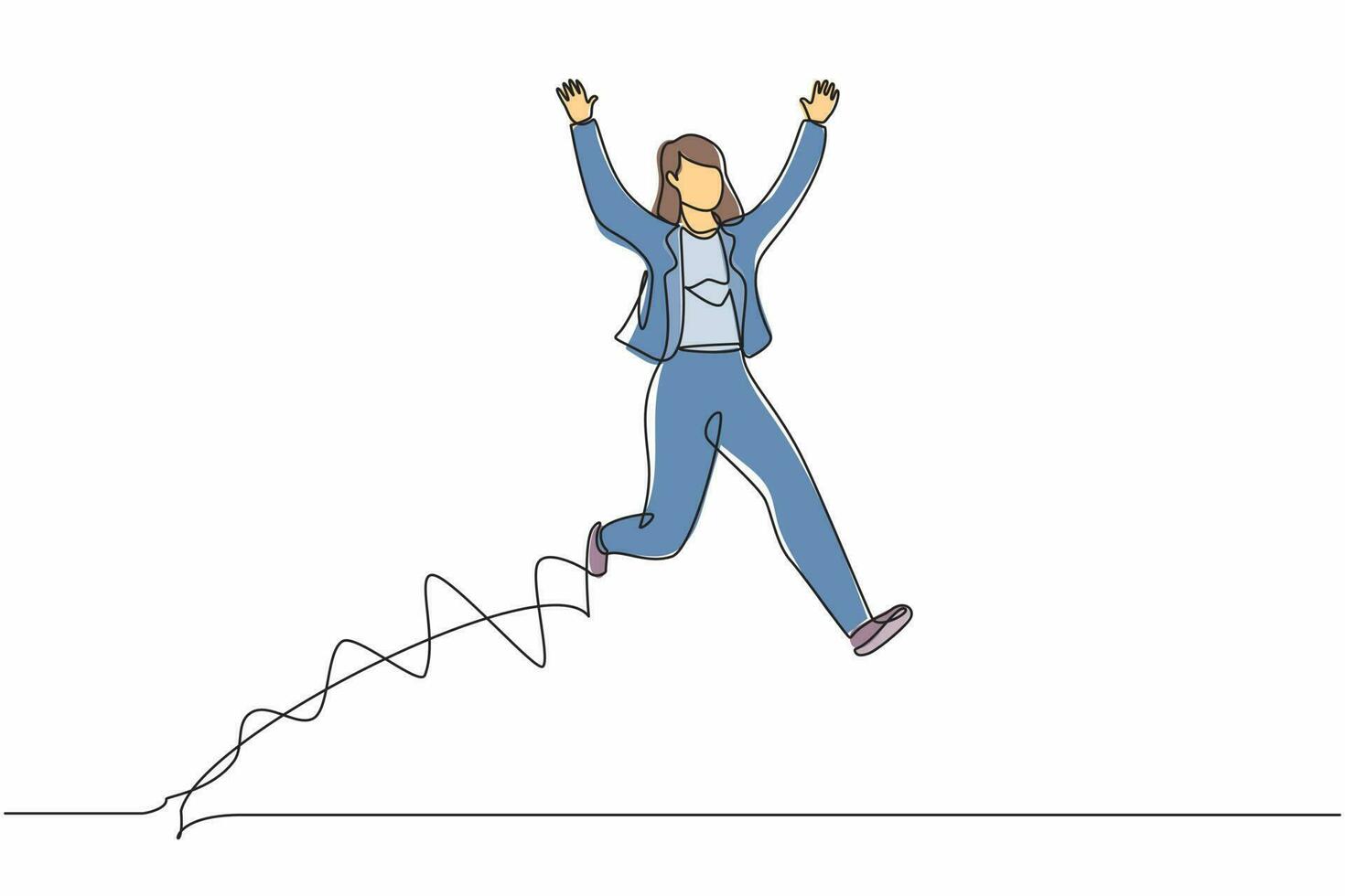Single continuous line drawing happy businesswoman jump with both hands raised. Young saleswoman celebrates salary increase and benefits from company. One line draw graphic design vector illustration