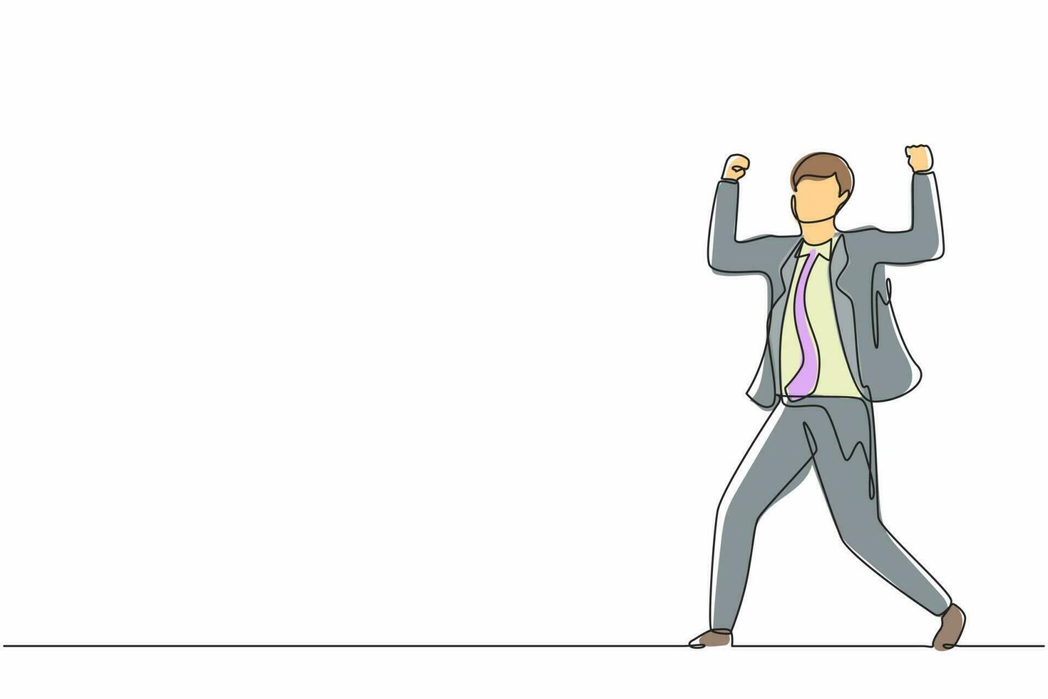 Single one line drawing happy businessman standing with raised his clenched hands. Male manager celebrating success of increasing company's product sales. Continuous line draw design graphic vector