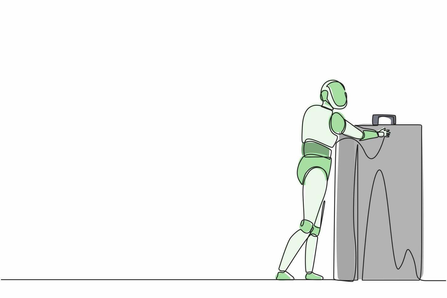 Single continuous line drawing robots standing and hugging huge briefcase. Humanoid robot cybernetic organism. Future robotics development concept. One line draw graphic design vector illustration