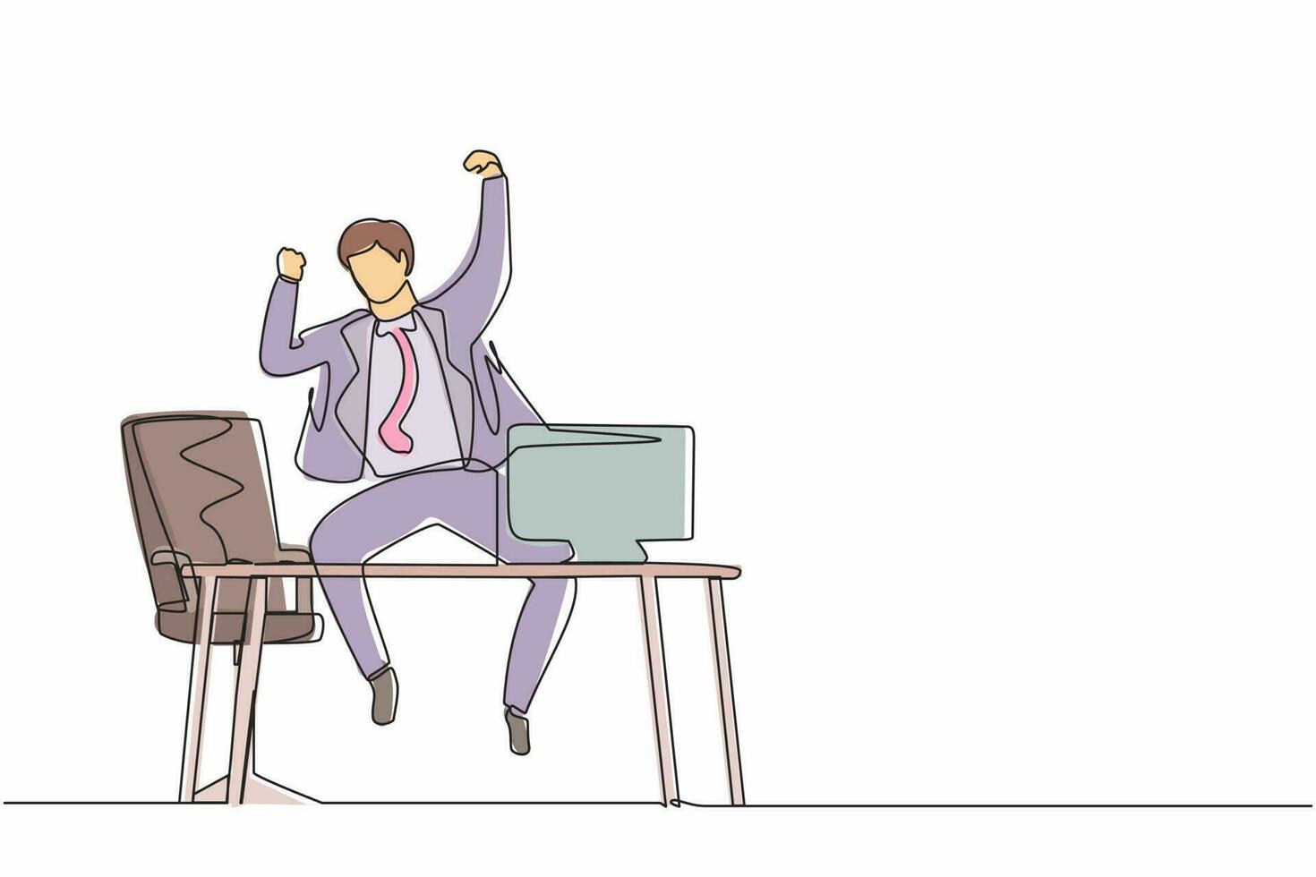Single one line drawing happy businessman jump with raised hands on the his workplace. Male manager celebrating success of increasing company product sales. Continuous line draw design graphic vector
