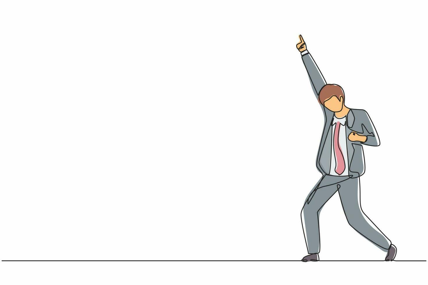 Continuous one line drawing happy businessman standing with raise one hand and the other hand pose yes. Office worker celebrate success of company project. Single line draw design vector illustration