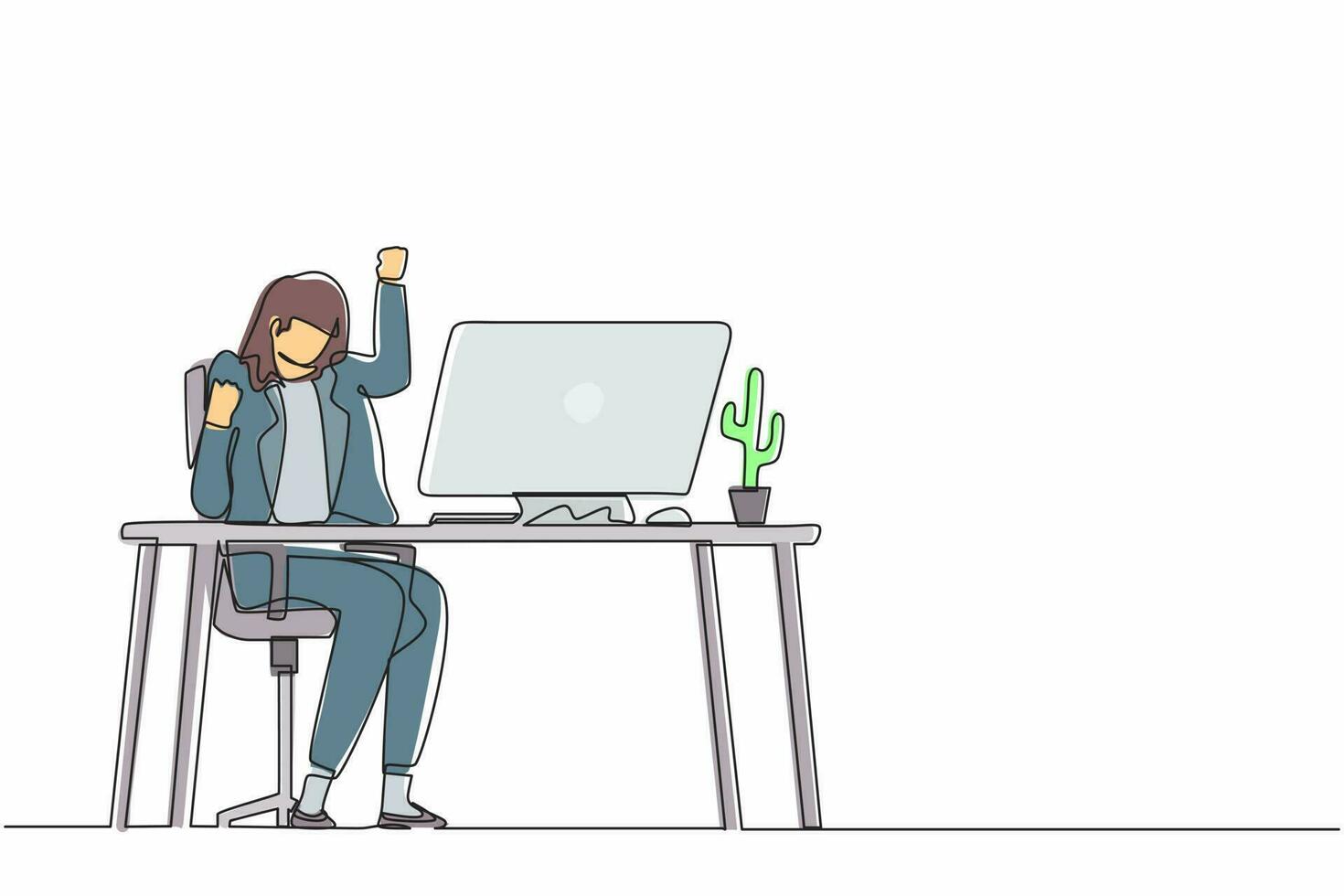 Single one line drawing happy businesswoman sitting on workplace with raised one hand high and raised the other. Worker celebrates salary increase from company. Continuous line design graphic vector