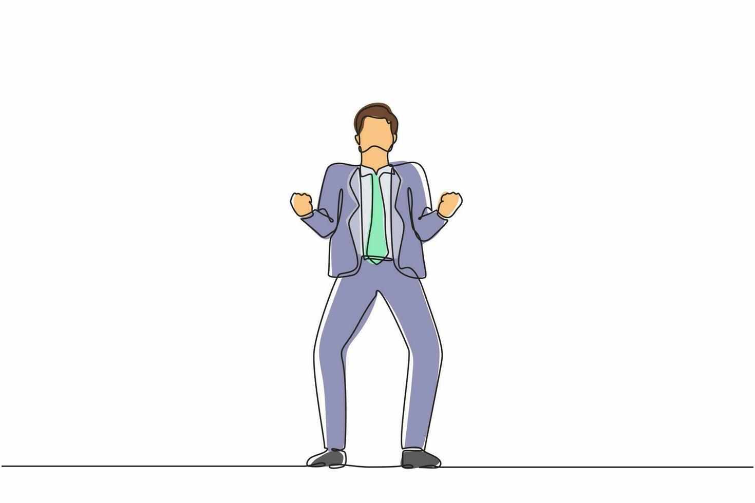 Continuous one line drawing happy businessman standing with both hands do gesture yes. Young office worker celebrate success of company project. Single line draw design vector graphic illustration