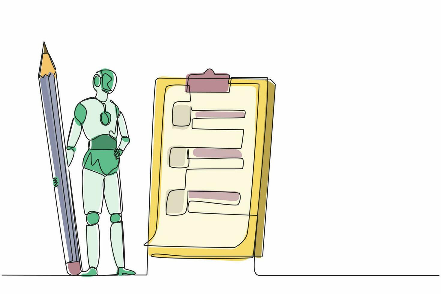 Single continuous line drawing robots holding big pencil and looking clipboard. Modern robotics artificial intelligence technology. Electronic technology industry. One line draw graphic design vector