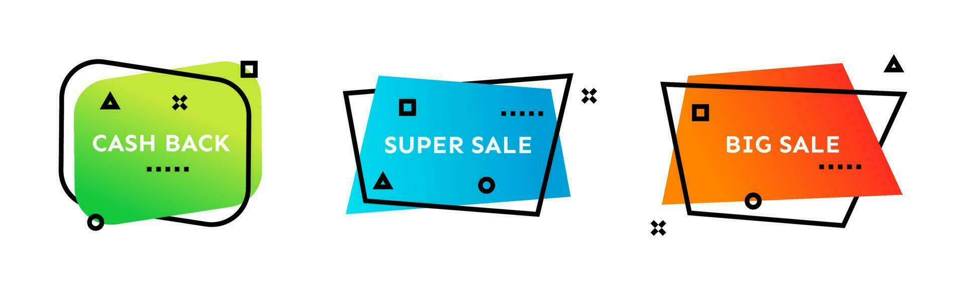 Cash Back, Super Sale, Big Sale. Set of three colorful geometric trendy banners.  Modern gradient shape with promotion text. Vector illustration.